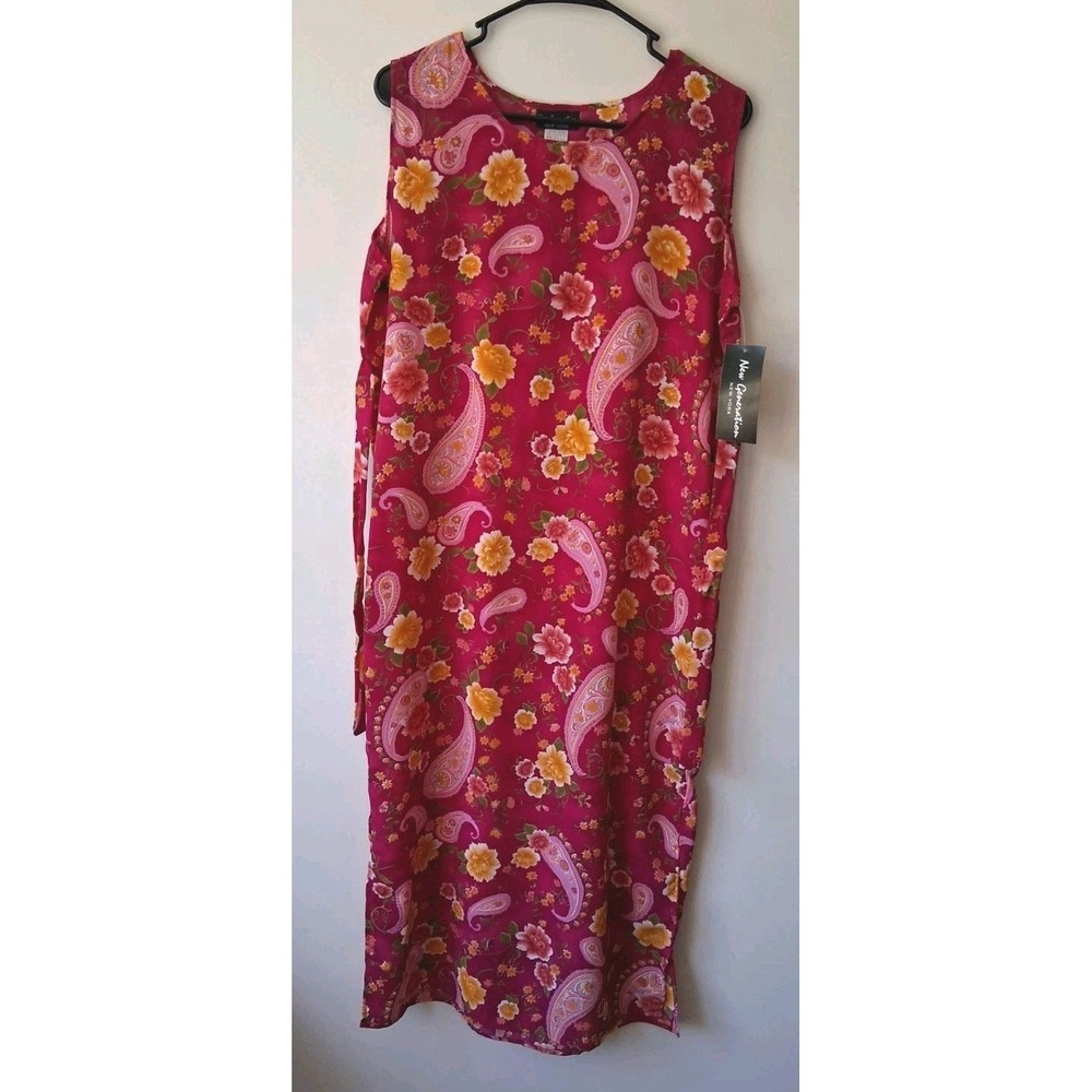 Vtg Shift Maxi Dress Women's Medium Fuschia Yellow Floral Paisley Resort Summer